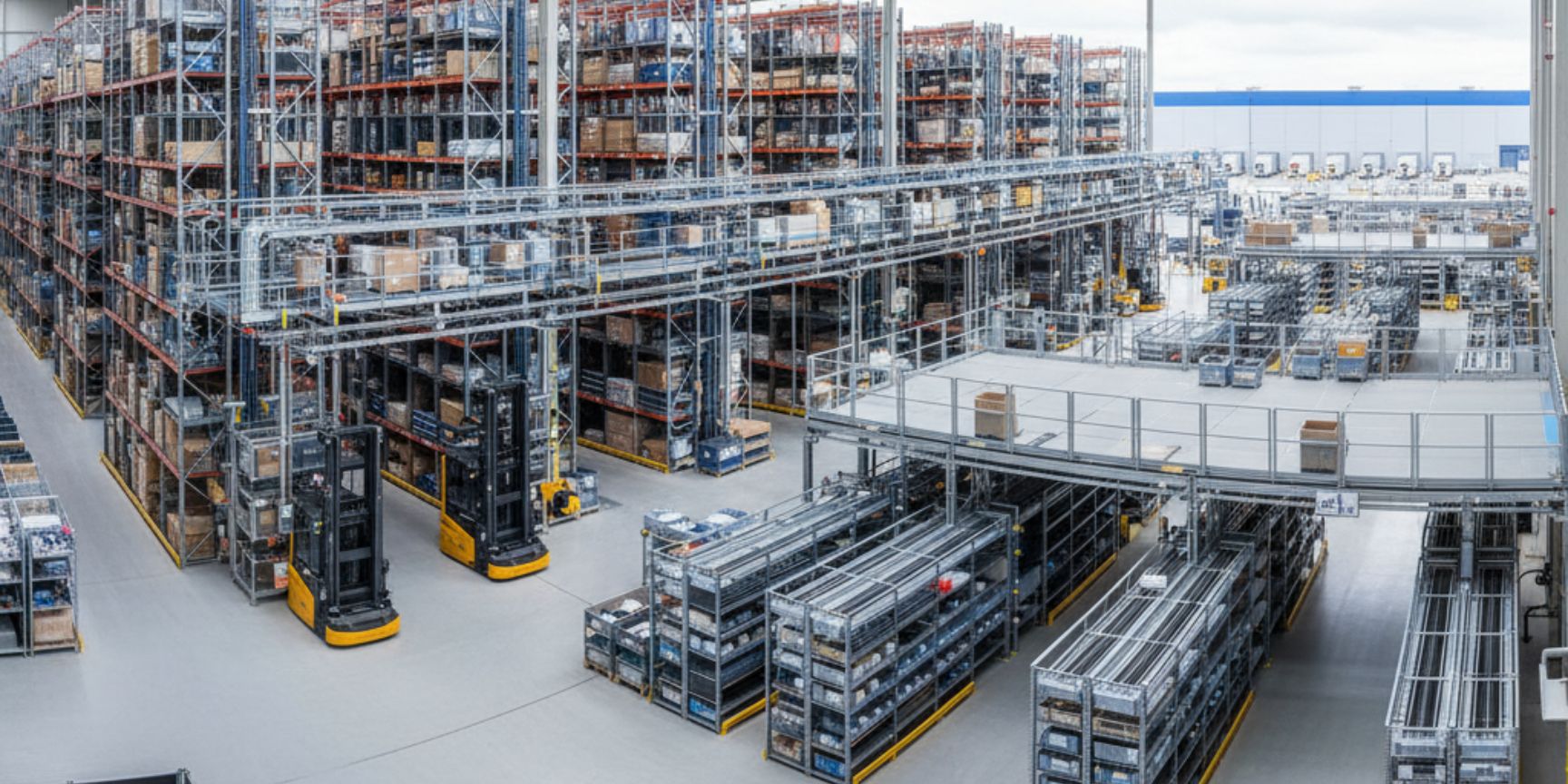Weitwinkelansicht einer modernen, hellen Logistikhalle mit hohen Palettenregalen, die mit verschiedenen Waren gefüllt sind. Man sieht Gabelstapler, die in den Gängen operieren, und im Vordergrund eine Lagerbühne (Mezzanine) mit Fachbodenregalen und Kommissionierbereichen. Die Decke ist mit großen Oberlichtern ausgestattet, die viel Tageslicht hereinlassen.